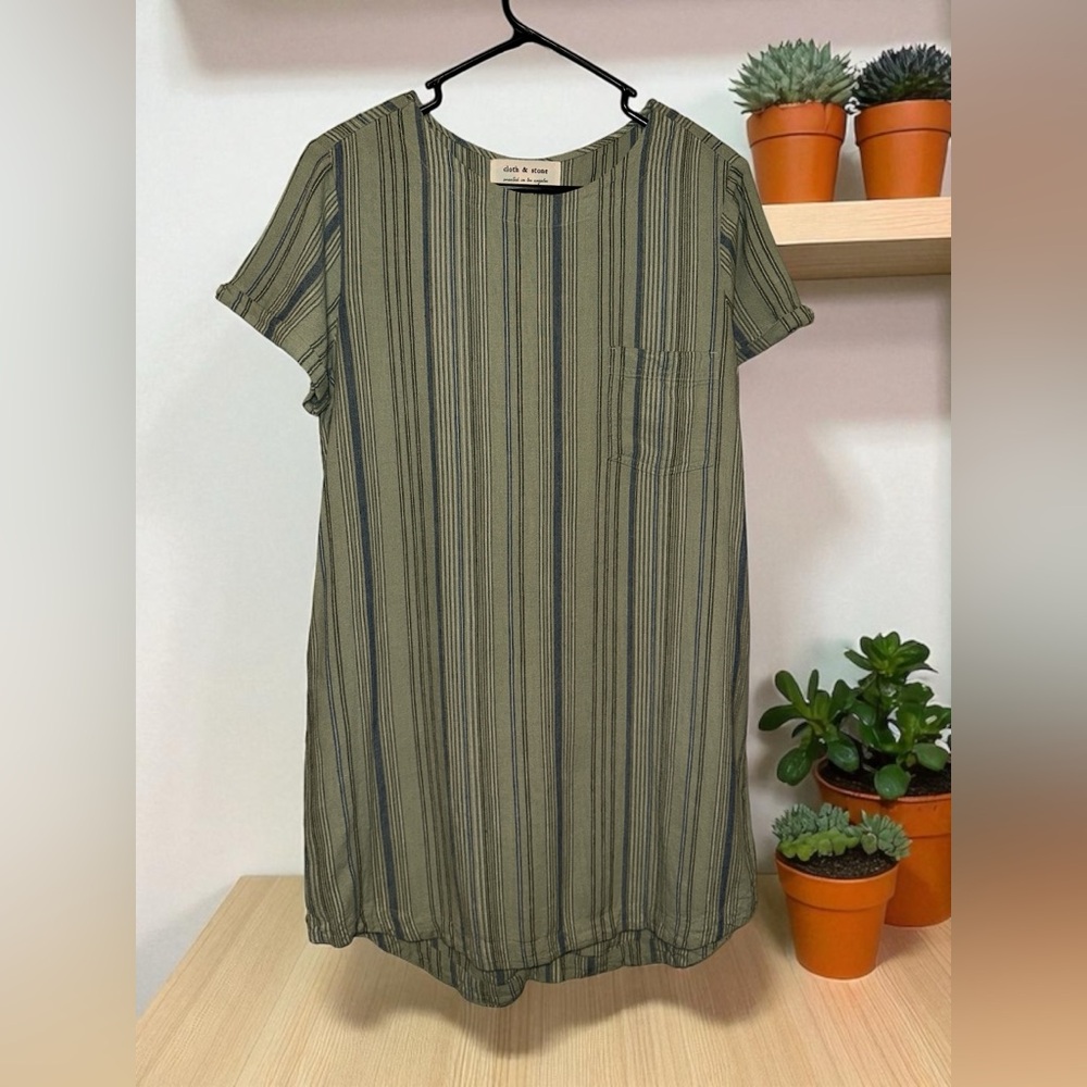 Cloth & Stone Anthropology Striped Olive‎ and Blue Linen Blend Mini Dress size M